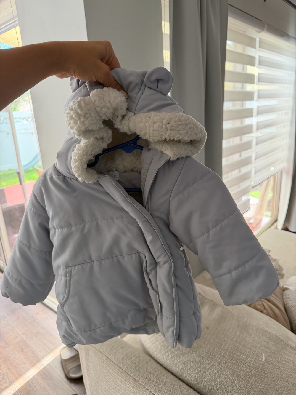 Quiltex Light Gray Puffer Jacket with Sherpa Hood and Ears
